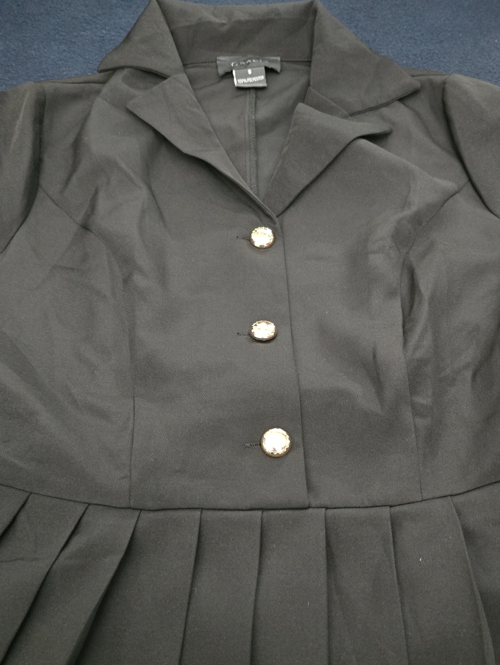 Gracia Black Pleated Blazer Dress with Gold Buttons